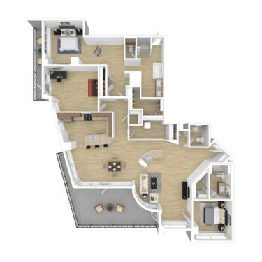 Rendering of the C3 - Penthouse floor plan with 3 bedroom[s] and 2.5 bathroom[s] at 44 Monroe