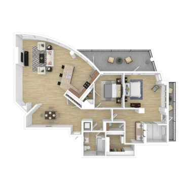 Rendering of the B5 - Penthouse floor plan with 2 bedroom[s] and 2 bathroom[s] at 44 Monroe