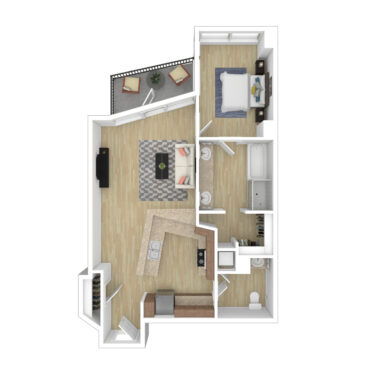 Rendering of the A3 floor plan with 1 bedroom[s] and 1.5 bathroom[s] at 44 Monroe