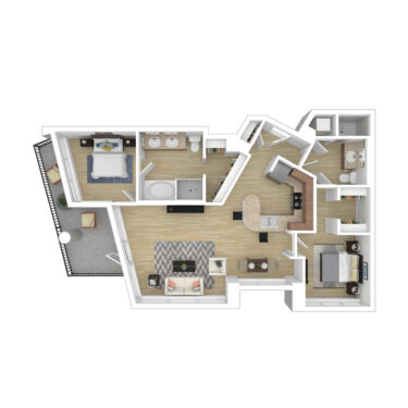 Rendering of the B1 floor plan with 2 bedroom[s] and 2 bathroom[s] at 44 Monroe