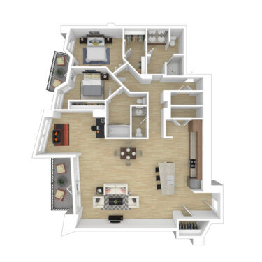 Rendering of the B6 floor plan with 2 bedroom[s] and 2.5 bathroom[s] at 44 Monroe