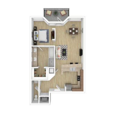 Rendering of the A2 floor plan with 1 bedroom[s] and 1.5 bathroom[s] at 44 Monroe