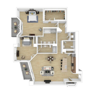 Rendering of the B3 floor plan with 2 bedroom[s] and 2.5 bathroom[s] at 44 Monroe
