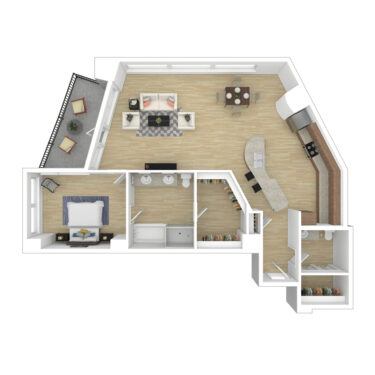 Rendering of the A5 floor plan with 1 bedroom[s] and 1.5 bathroom[s] at 44 Monroe