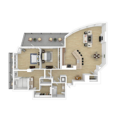 Rendering of the B4 - Penthouse floor plan with 2 bedroom[s] and 2 bathroom[s] at 44 Monroe