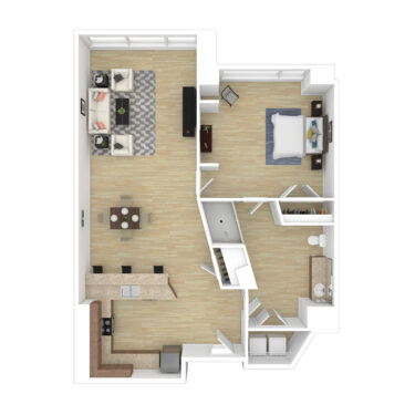Rendering of the A1 floor plan with 1 bedroom[s] and 1 bathroom[s] at 44 Monroe