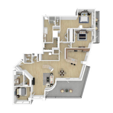 Rendering of the C2 - Penthouse floor plan with 3 bedroom[s] and 2.5 bathroom[s] at 44 Monroe