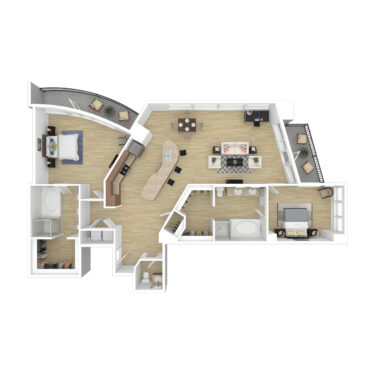 Rendering of the B2 floor plan with 2 bedroom[s] and 2.5 bathroom[s] at 44 Monroe