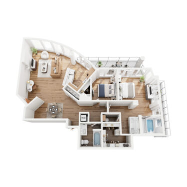 Rendering of the B5-PH2 floor plan with 2 bedroom[s] and 2 bathroom[s] at 44 Monroe