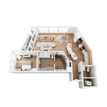 Rendering of the A5 floor plan with 1 bedroom[s] and 1.5 bathroom[s] at 44 Monroe