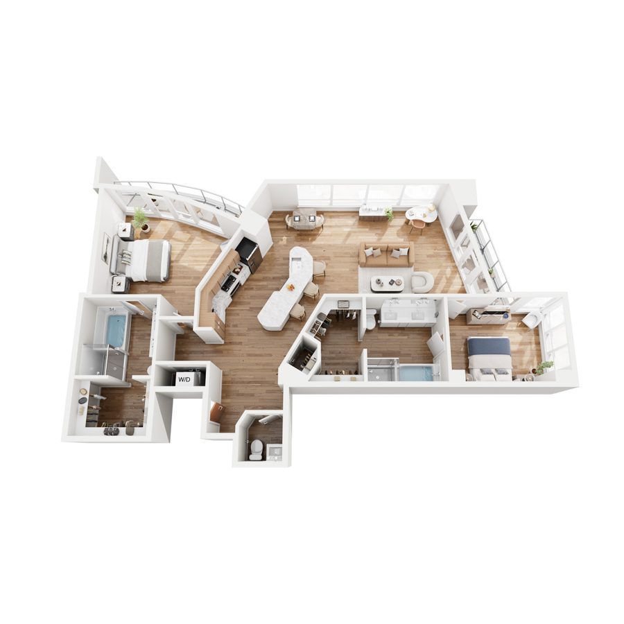 Rendering of the B2 floor plan with 2 bedroom[s] and 2.5 bathroom[s] at 44 Monroe