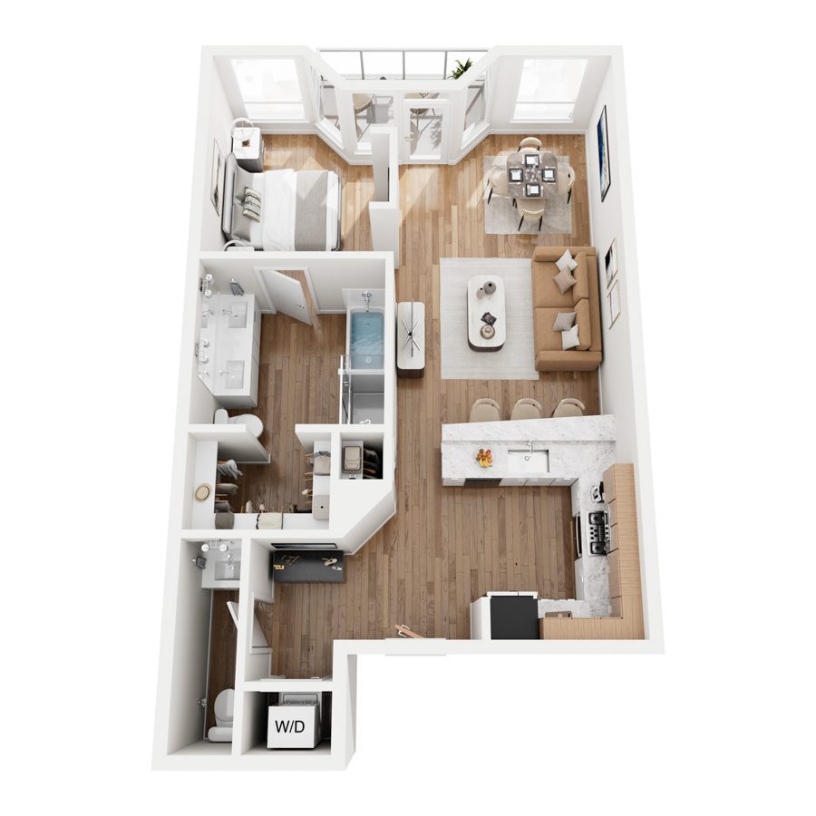 Rendering of the A2 floor plan with 1 bedroom[s] and 1.5 bathroom[s] at 44 Monroe