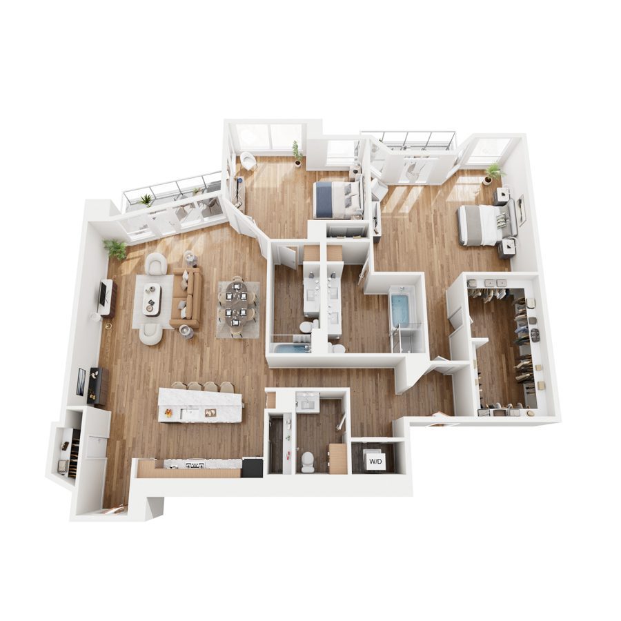 Rendering of the B3 floor plan with 2 bedroom[s] and 2.5 bathroom[s] at 44 Monroe