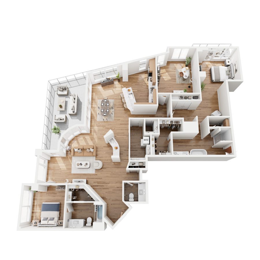 Rendering of the C2-PH4 floor plan with 3 bedroom[s] and 2.5 bathroom[s] at 44 Monroe