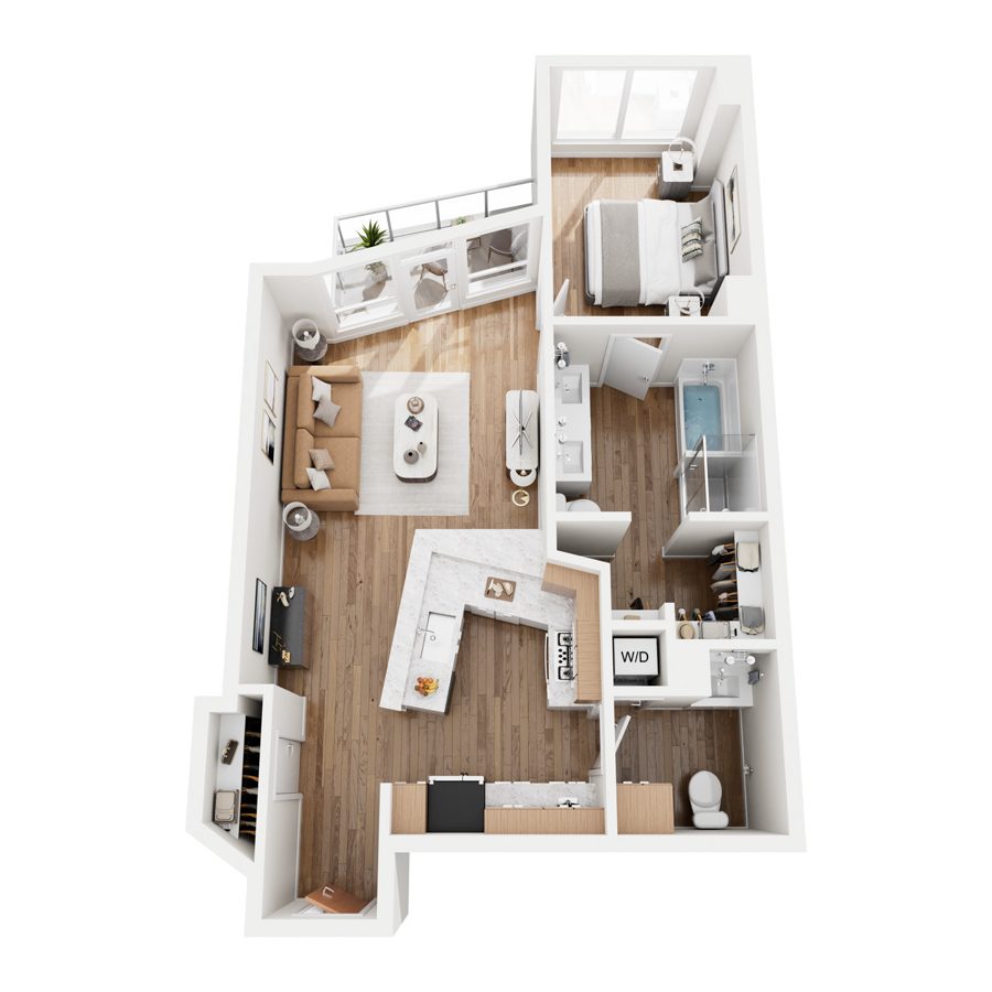 Rendering of the A3 floor plan with 1 bedroom[s] and 1.5 bathroom[s] at 44 Monroe
